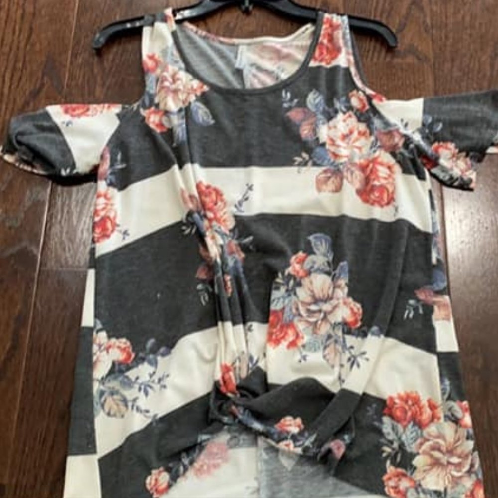 Gray and Cream Floral Stripe Top